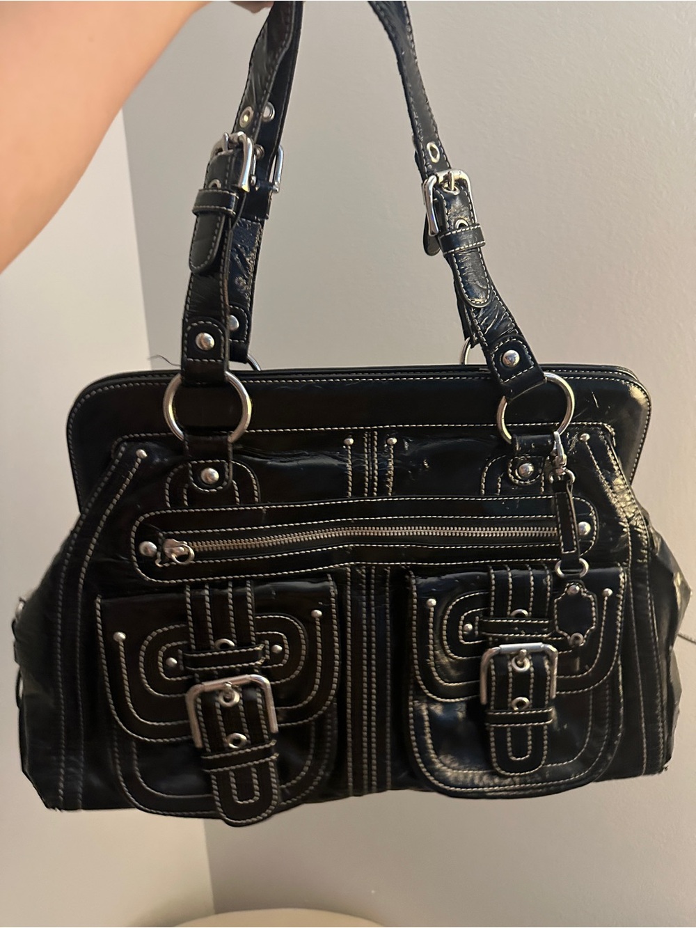 Rafe Black Shoulder Bag with White Contrast Stitching